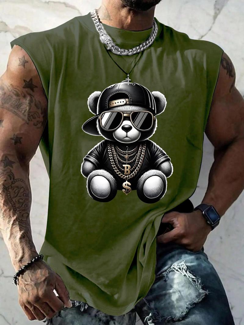 Men's Regular Fit Bear & Letter Print Top, Casual Comfy Sleeveless Top for Summer, Fashion Men's Clothes for Daily Wear, Streetwear Tank Vest, Vests