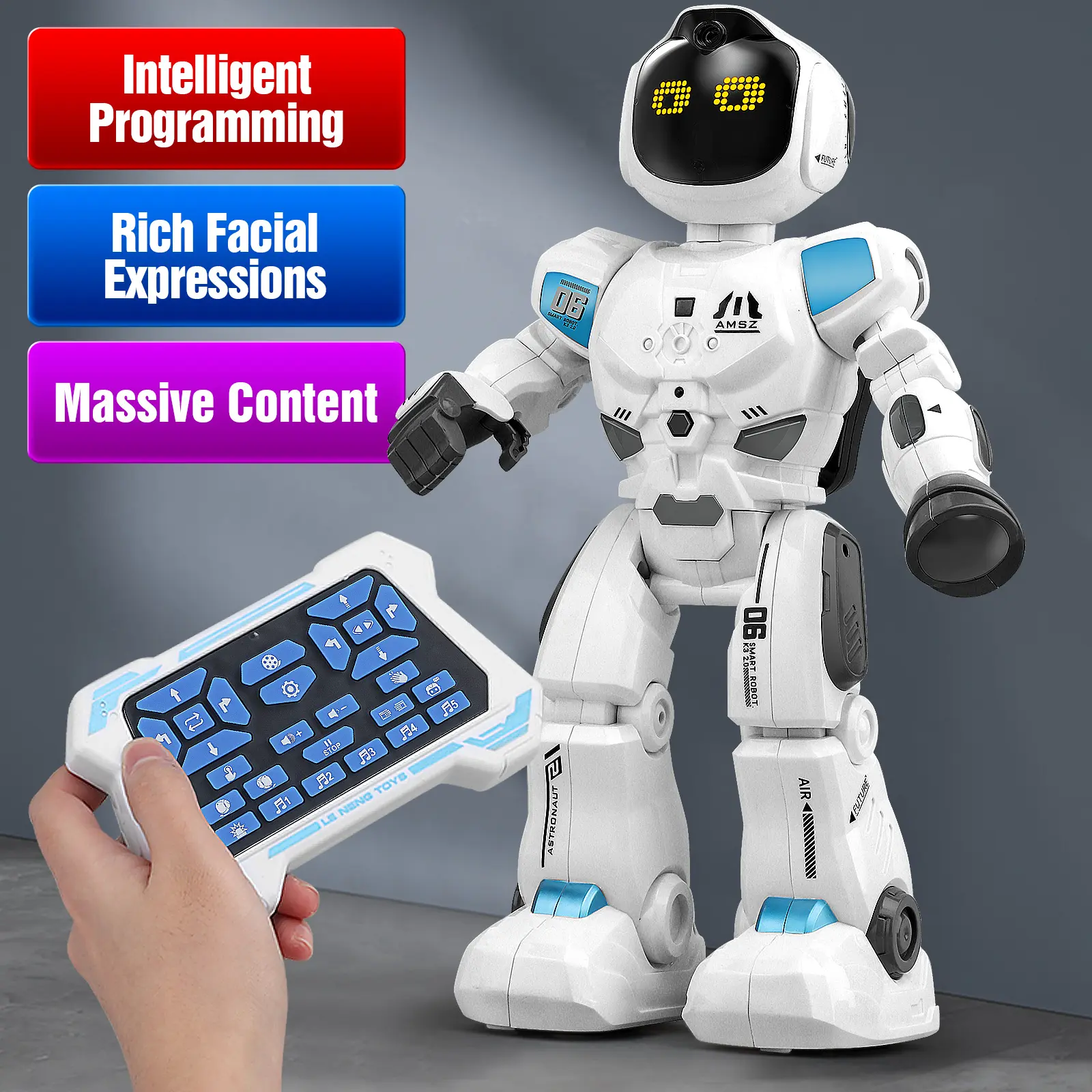 Large intelligent remote control robot toy for boys, easy programming dialogue, electric singing and dancing, walking joints, movable touch sensing belt, variable luminous expression, eyes, children's birthday gifts