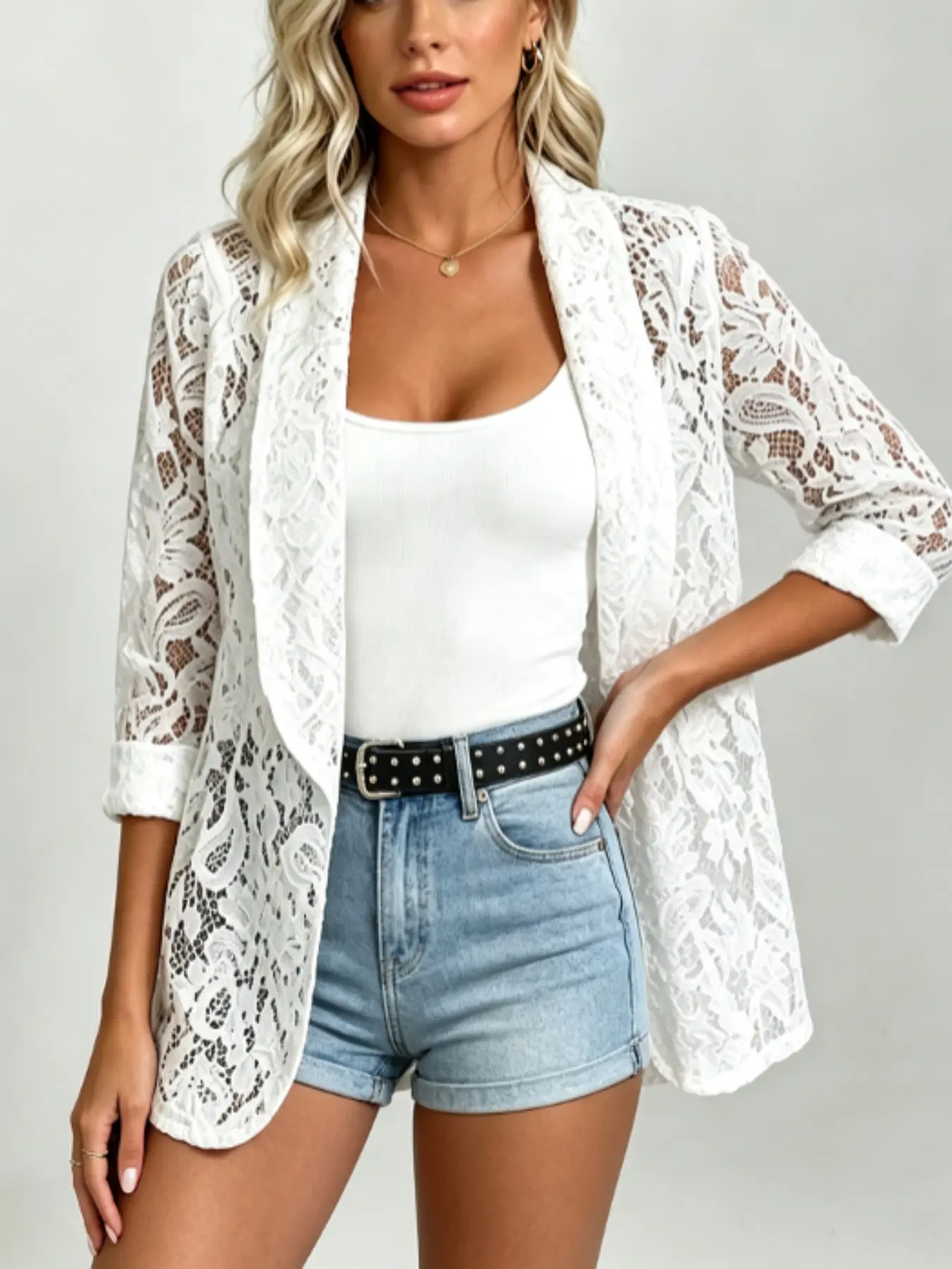 Spring Summer New French Lace Blazer Coat for Women, Three-Quarter Sleeve Loose Open Front, Sun Protection Transparent Lace Outerwear