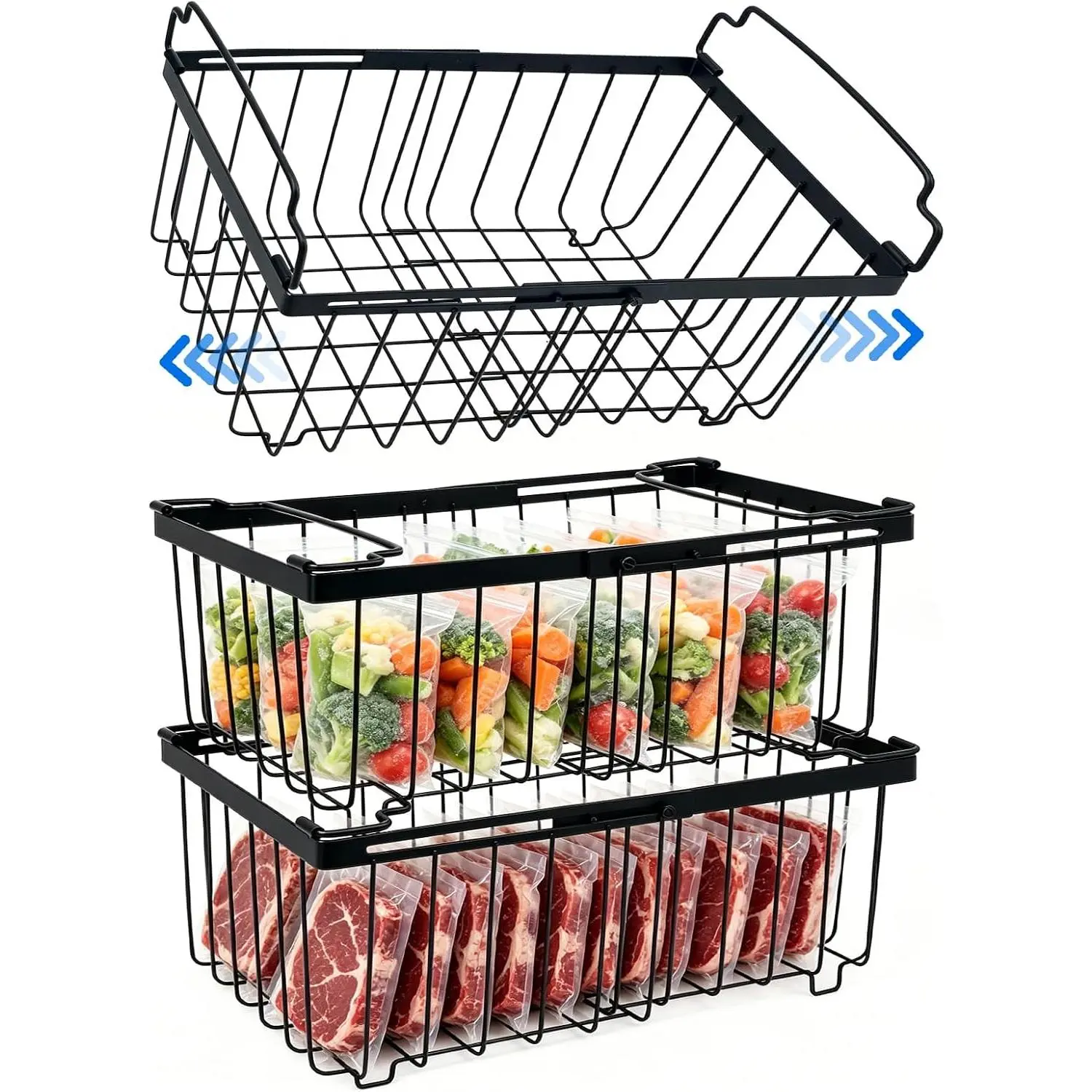 3Pack Freezer Organizer Bins, Stackable Chest Deep Freezer Storage Containers, Expandable Freezer Baskets with Handle fit 5cu.Ft 7cu.Ft Freezer, Fridge, Pantry (Black-3Pack)