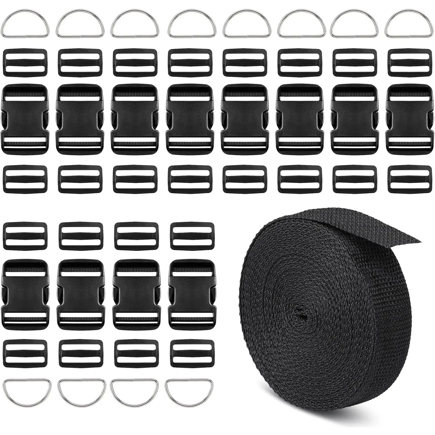Buckles and Straps Set 1": 12 Yards of Thick Nylon Webbing, 24-Pack Heavy Duty Adjustable Quick Side Release Plastic Buckles, 12 Tri-Glide Slide Clips,12-Pack Metal D-Ring Buckles (1-Inch Combo Set)