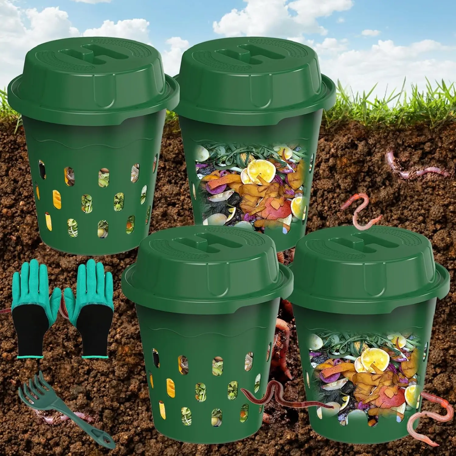 4-Pack Compact Inground Worm Composter, Outdoor Vermicomposting Bin for Garden & Home Use, Beginner-Friendly (9.5x9.5x10.8Inch), Green
