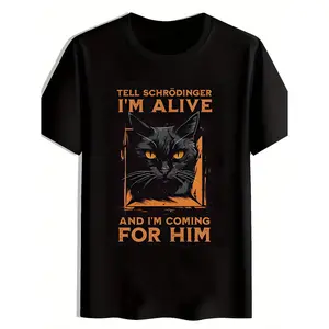 Quantum Mechanics Meme Print Casual Crew Neck Men's T-Shirt, Cat Pattern Men's Top, Gift for Quantum Enthusiasts, Fun T-Shirt for Friends, Halloween Party Novelty Shirt, Orange-Eyed Black Cat Print Men's Clothing, Fun Gift, Casual W graphic tee
