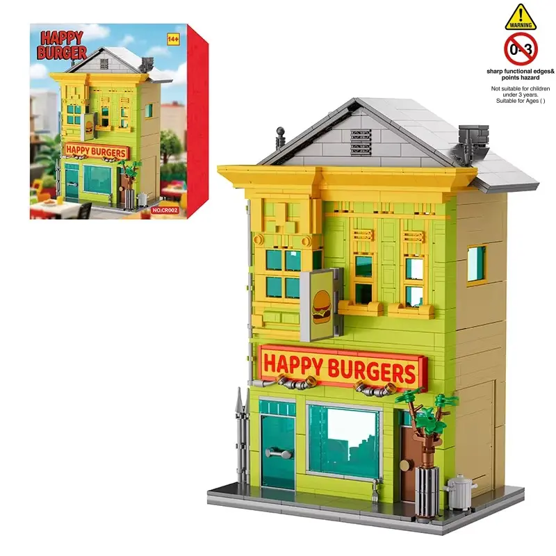 Happy Burger Store Street Scene Blocks, Two-Tier Building Model with Interior Details, Elegant Gift Box, Ideal for Cityscape Collectors