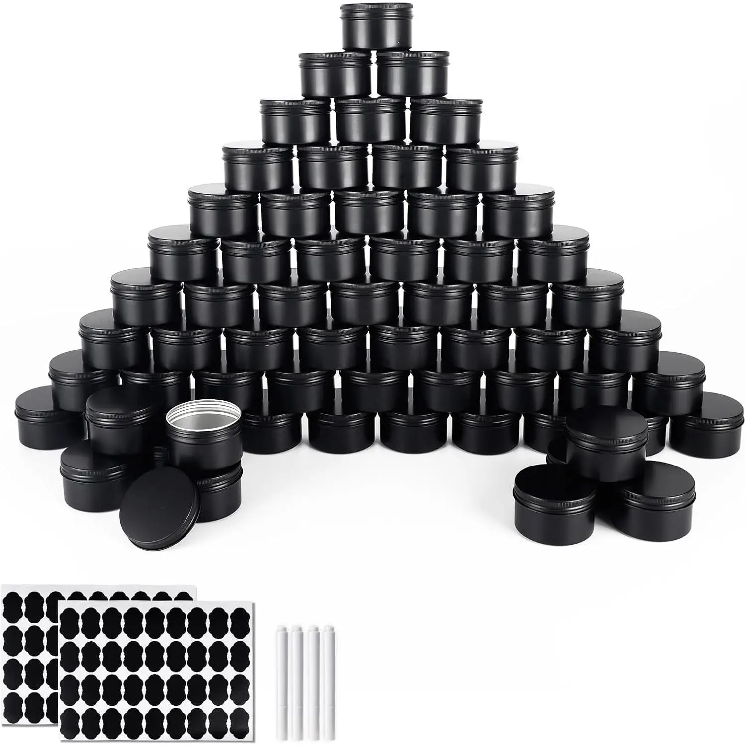 64 Pack Round Cans with Screw Lid 4 Oz  Metal Tins DIY  Candle Containers for Lotion Bars, Balms, Salve, Spices, Beard Balm, Crafts with 4 Markers 2 Sheets Label Stickers (Black)