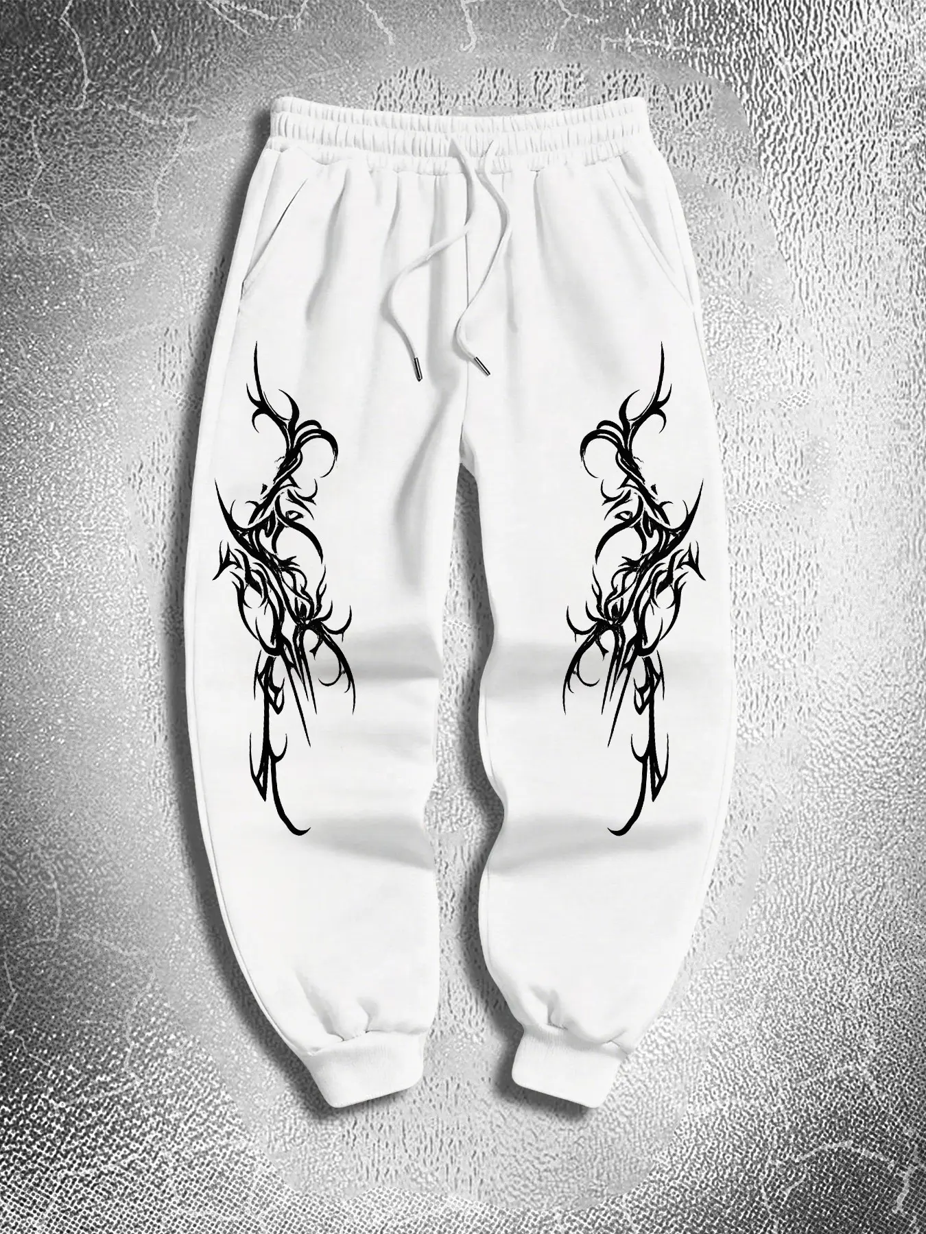Symmetrical Thorn Totem Printed Cuffed Sweatpants on Both Legs, Drawstring Waist Dark Gothic Alt Streetwear Jogger Pants