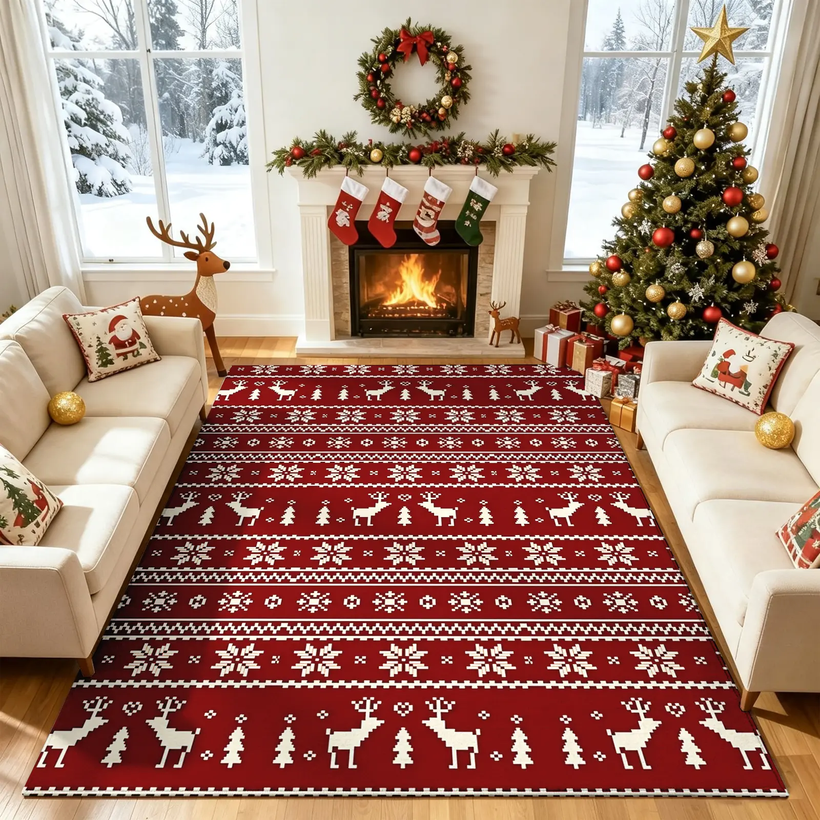 Pixel Art Knitted Christmas Area Rug, Red & White Reindeer & Tree Pattern, Plush Low-Pile Stain-Resistant Machine Washable Carpet, Playful Festive Room Decor for Game Room, Dining Room, Living Room, Great Christmas Holiday Gift