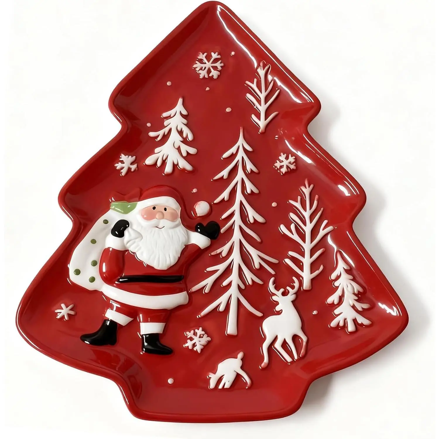 10.3 Inches Christmas Tree Chip & Dip Plates Set, Red Xmas Ceramic Snack Plate, High Relief Santa Claus Porcelain Serving Dishes for Appetizer Dessert Fruit Salad Saucers Bowls Cutlery Platter