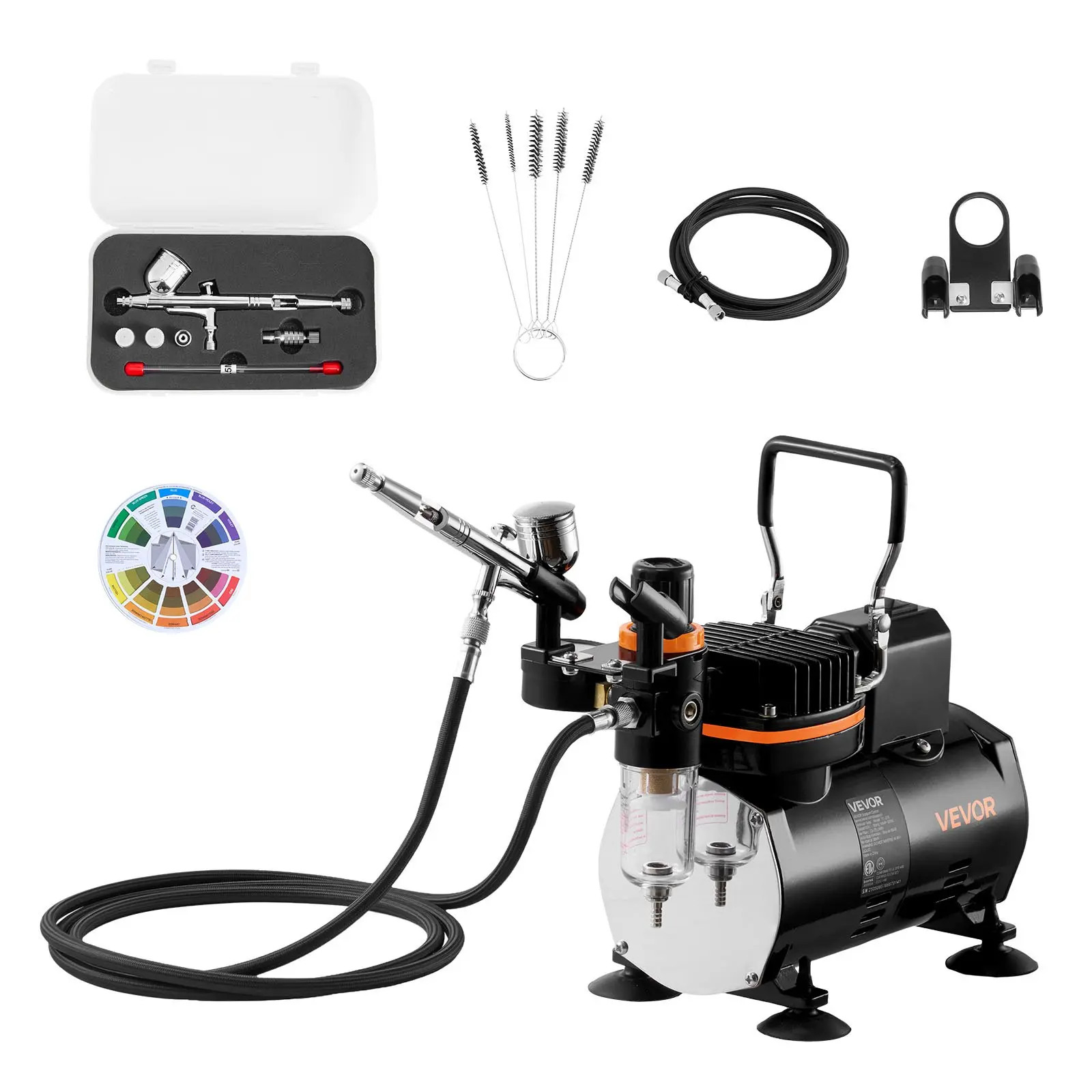 VEVOR TC-20B Professional Dual-Action Airbrush Full Kit, 1 Spray Gun, 1/6 HP Low-Noise Air Compressor, 0.2 mm Tip, 23-25 L/min Adjustable Flow Control, 120 V Hose, Holder, Cleaning Set for Beginners, Art, Cake