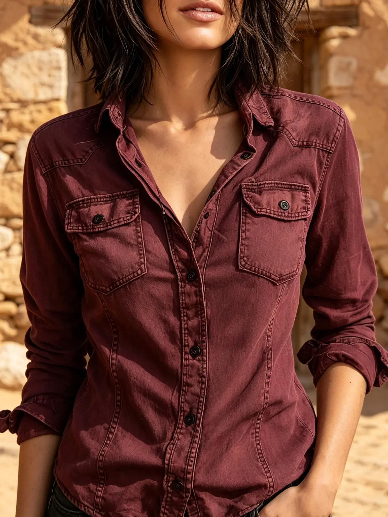 Women's Western Button Down Shirt Blouse, Vintage Cowgirl Casual Vibe, Turn Down Collar, Two Chest Pockets, Slim Fit, Long Sleeve, Spring Fall