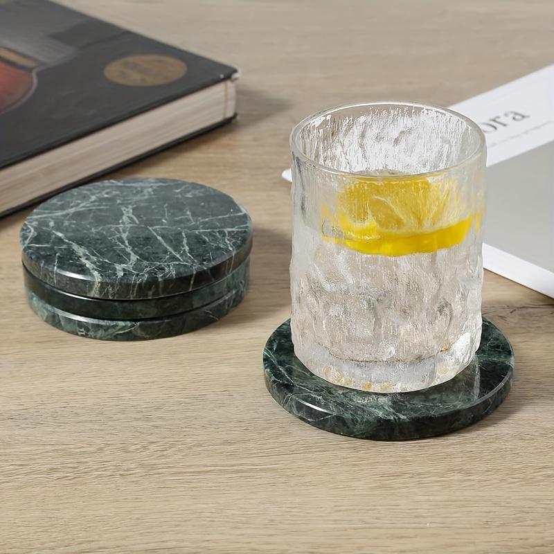 4Pcs Natural Marble Coasters with Holder, Heat Resistant Round Stone Table Protectors, Elegant Marble Pattern Drink Coasters for Coffee Table & Bar, Housewarming Gift.