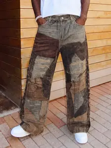 Men's Patchwork Casual Style Wide Leg Jeans, Vintage Brown Washed Distressed Denim Pants for All Season Streetwear
