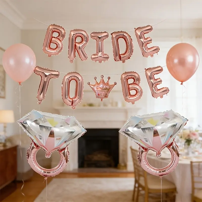 14-Piece Wedding Balloon Set, Rose Gold Bachelorette Balloons, Crown Balloon, Ring Balloons, Ribbon, Tape, Perfect for Weddings, Engagements, Anniversaries