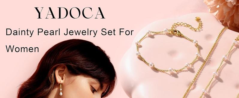 YADOCA Gold Jewelry Set for Women - 16K Plated Gold Pearl Necklace and Earring Set With Drop Earrings,Charm Layered Necklace,Adjustable Bracelets - Dainty Women's Pearl Jewelry Sets For Wedding Gifts