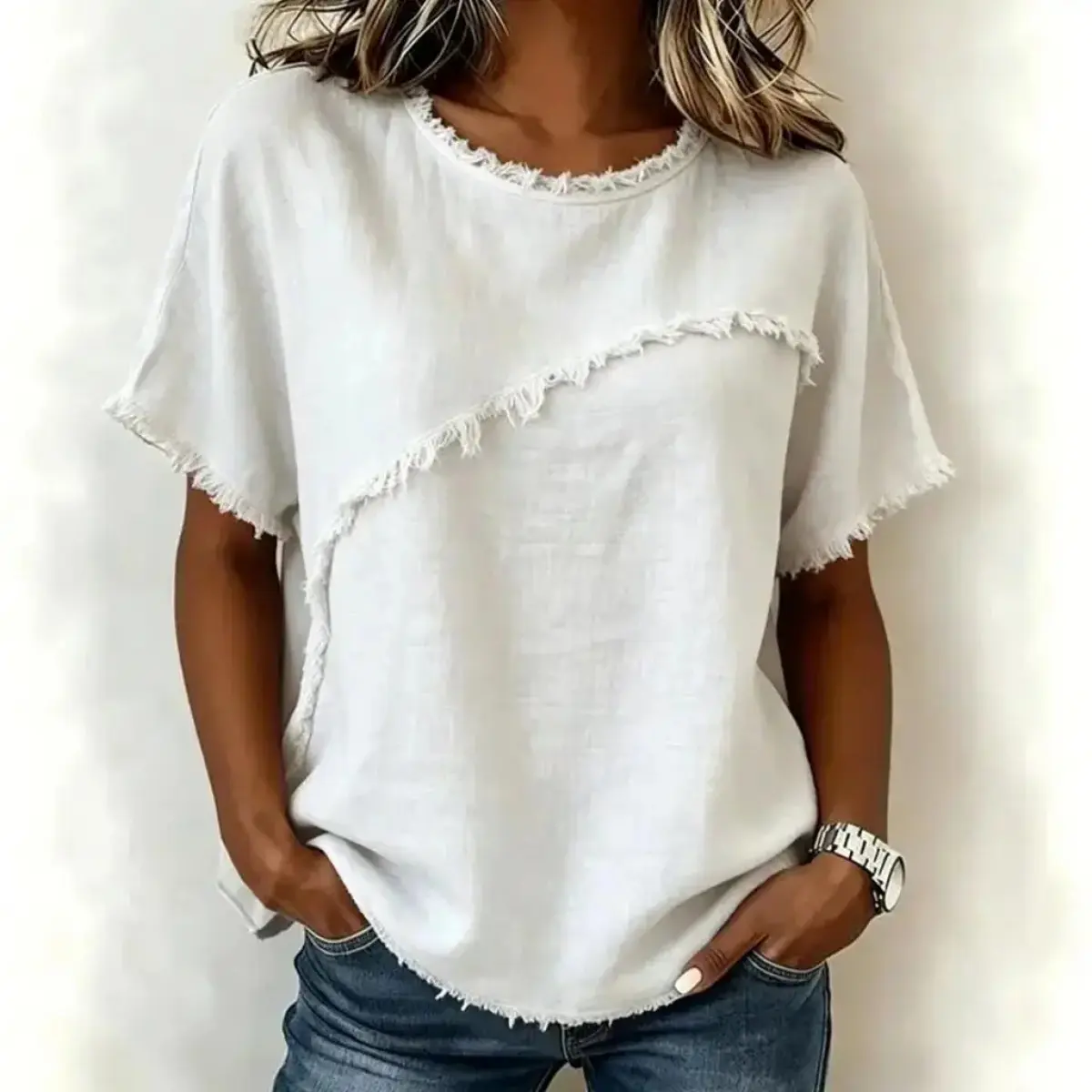 Women's Casual Loose-Fitting Top, Normal Type Short Sleeve Summer Streetwear with Raw Edge Detail, Machine Washable Polyester, Round Neck, Lightweight