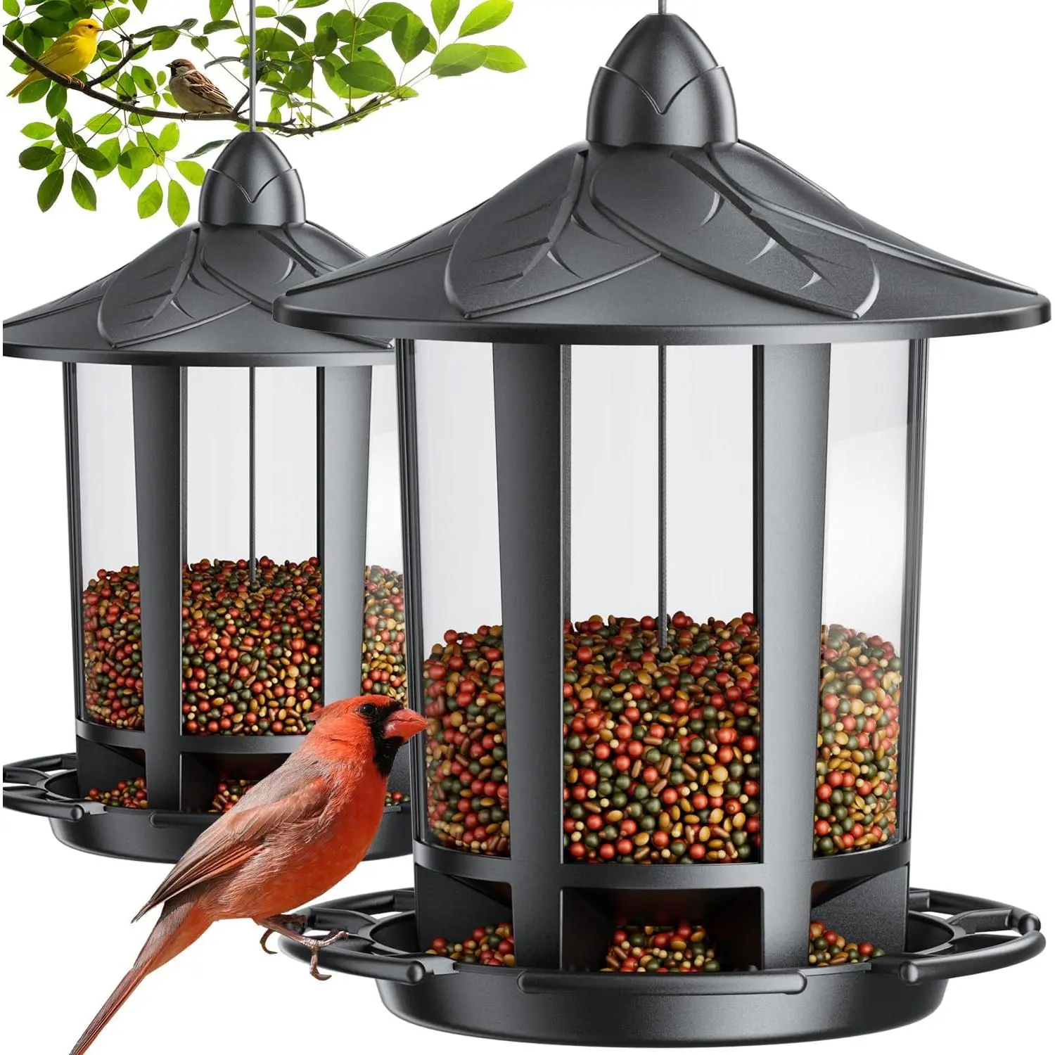 2PCS Castle Design Outdoor Hanging Bird Feeders, Easy 1-Min Assembly Seed Feeder for Cardinal Chickadee Goldfinch Sparrow