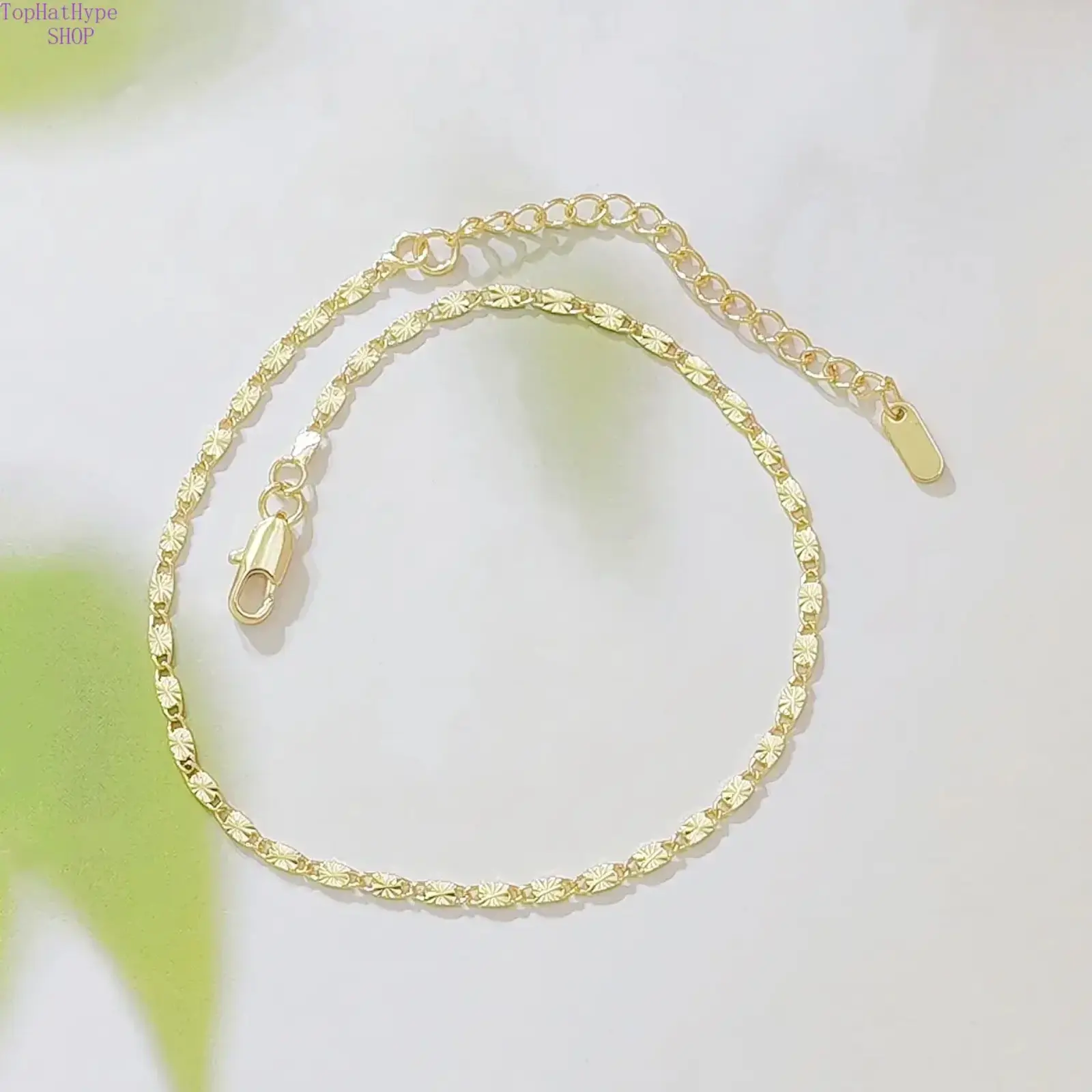14K Gold Plated Copper Water Wave Ankle Bracelet for Women, Dainty Diamond Cut Shiny Flat Link Adjustable Anklet with Extension Chain & Lobster Clasp, Summer Beach Foot Jewelry Gift for Birthday Valentine's Day