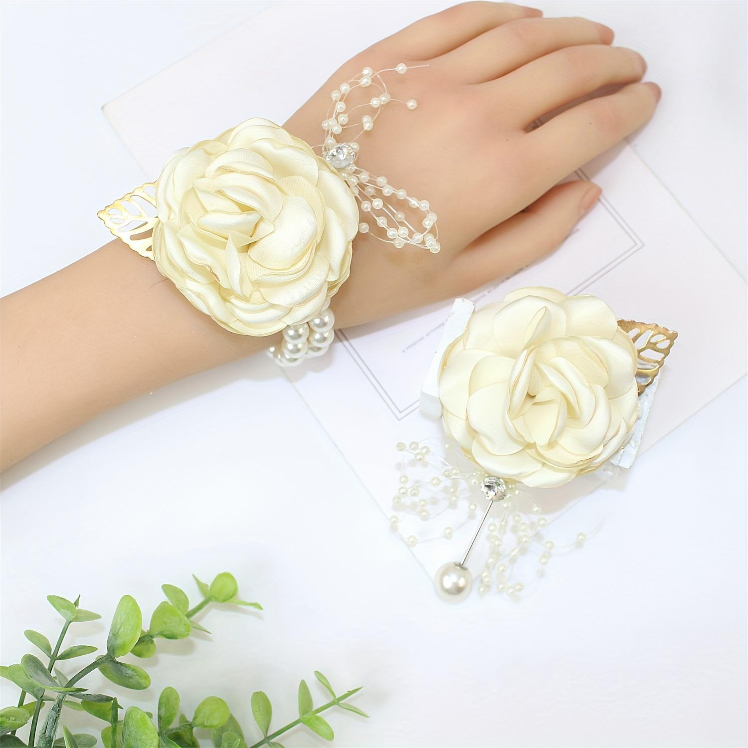 2-piece set of corsage and wrist corsage, artificial jasmine adjustable wristband classic style bridesmaid wrist corsage, groom's bridesmaid corsage Wedding