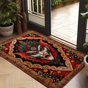 Vintage Gothic Vampire Demon Face Rectangular Doormat Spooky Halloween Floral Bat Pattern Area Rug Non-Slip Indoor Entryway Welcome Mat for Front Door Porch Living Room Dark Fantasy Novelty Home Decor Washable Retro Art Printed Floor Carpet Accent Rug