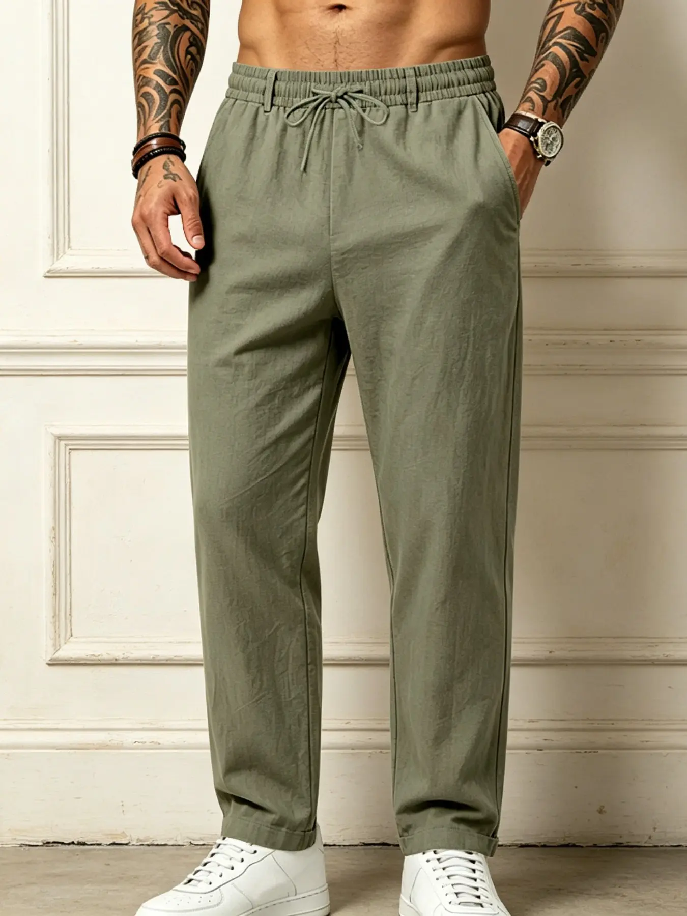 Men's Vintage Cotton Linen Straight Leg Pants, Elastic Drawstring Waist Linen Casual Trousers with Side Pockets, Lightweight Breathable Solid Color Versatile Summer Bottoms, 8 Colors Plus Size Men's Pants In Stock S-3XL