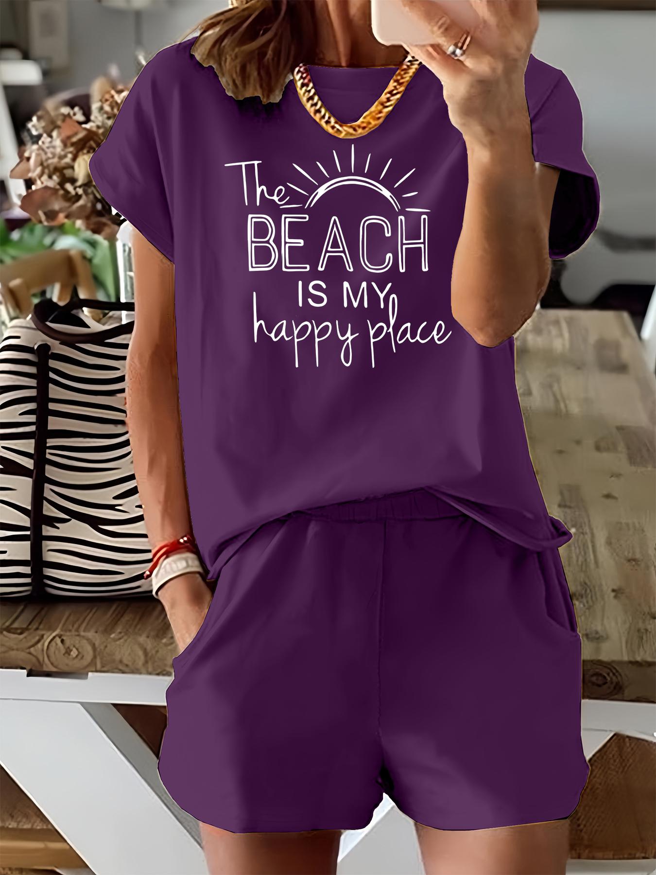 Two-Piece Set Women's Letter Sun Print Short Sleeve Tee & Elastic Waist Shorts, Casual Fitted Round Neck T-shirt & Pocket Shorts for Summer, Ladies Clothes for Beach Vacation