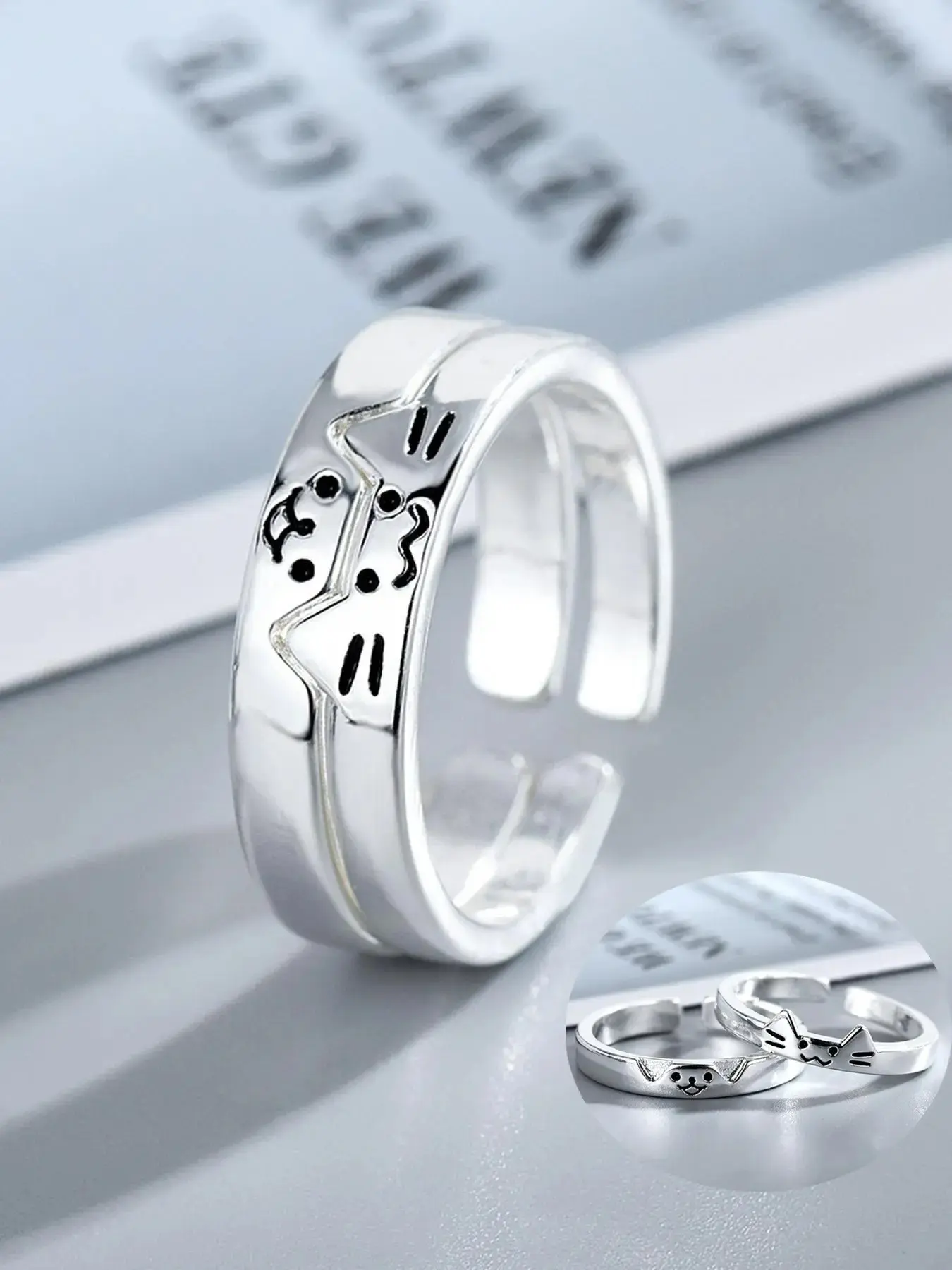 Adjustable Silver Color Cat Dog Friendship Rings, Cute Animal Design, Comfort Fit, Ideal Gift for Friends Family, Birthday Christmas Valentine's Day