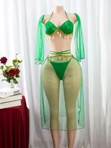 Sexy Women's Wireless Lingerie Set, hollow-out design with gold sequins and tie details, lace spliced sheer outfit. 5-Piece Set: Bra + Thong + Skirt + 2 Sleeves, great for private parties baddie sexy dormir elegante