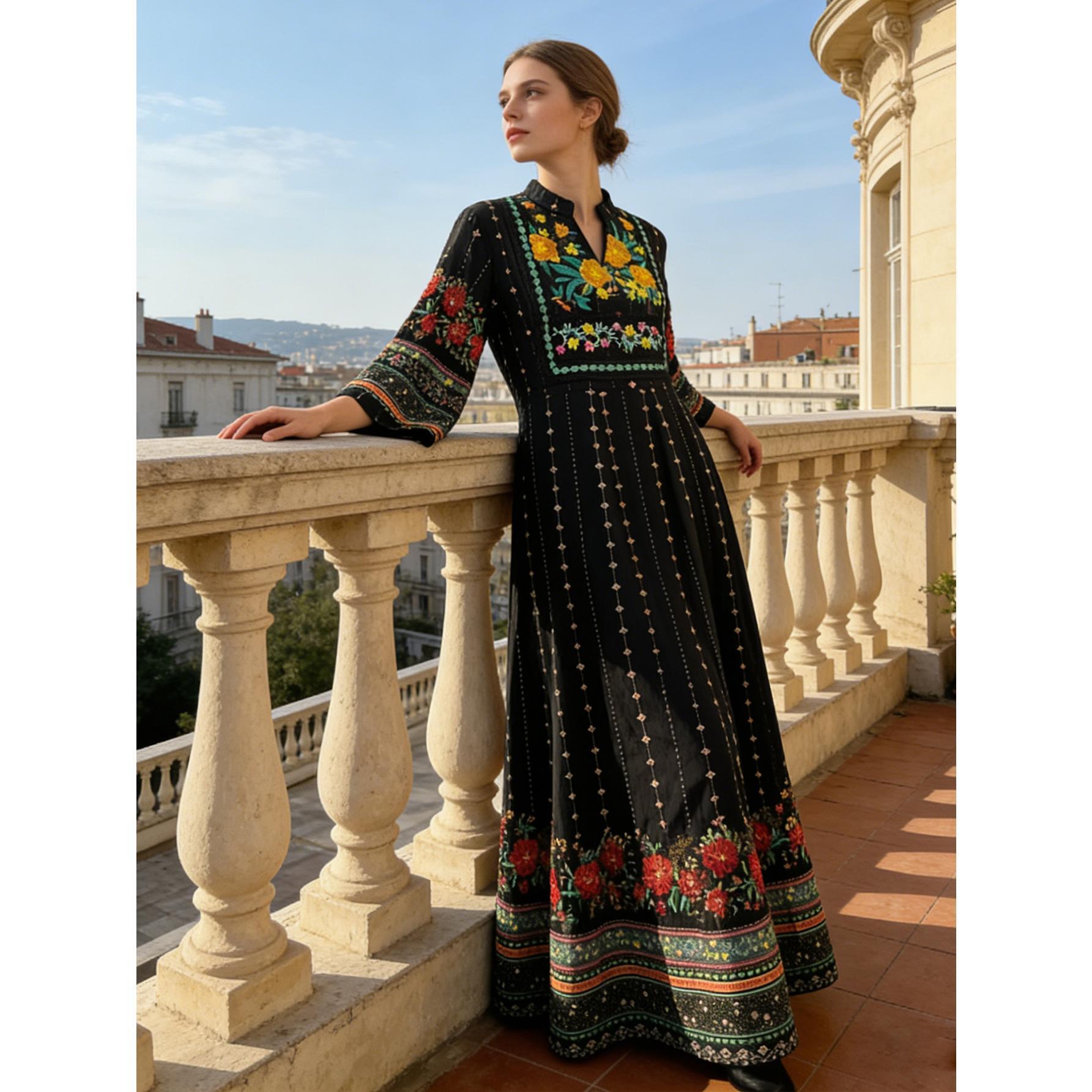 Vintage Boho Floral Embroidered Maxi Dress Elegant Ethnic Chic Gown | Standard & Plus Size S-4XL | Perfect for Evening Dinner, Festivals & Special Occasions