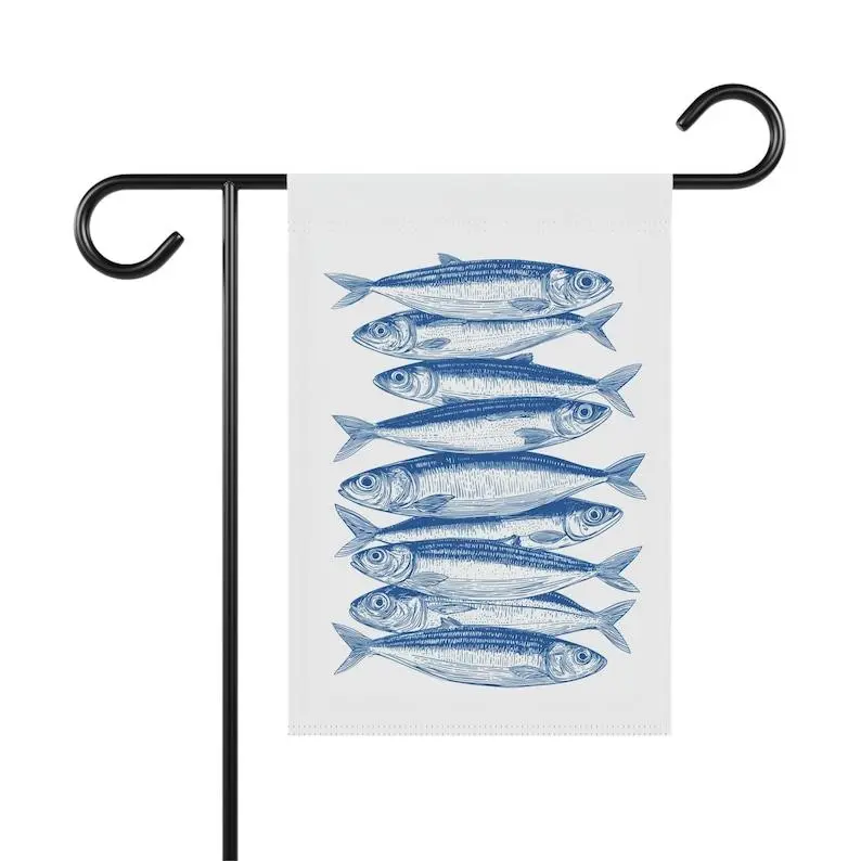 Vintage Fish Home and Garden Flag, Nautical Aesthetic Porch Banner, Blue and White Garden Flag, Ocean Fish House Flag, Saltwater Fish Flag