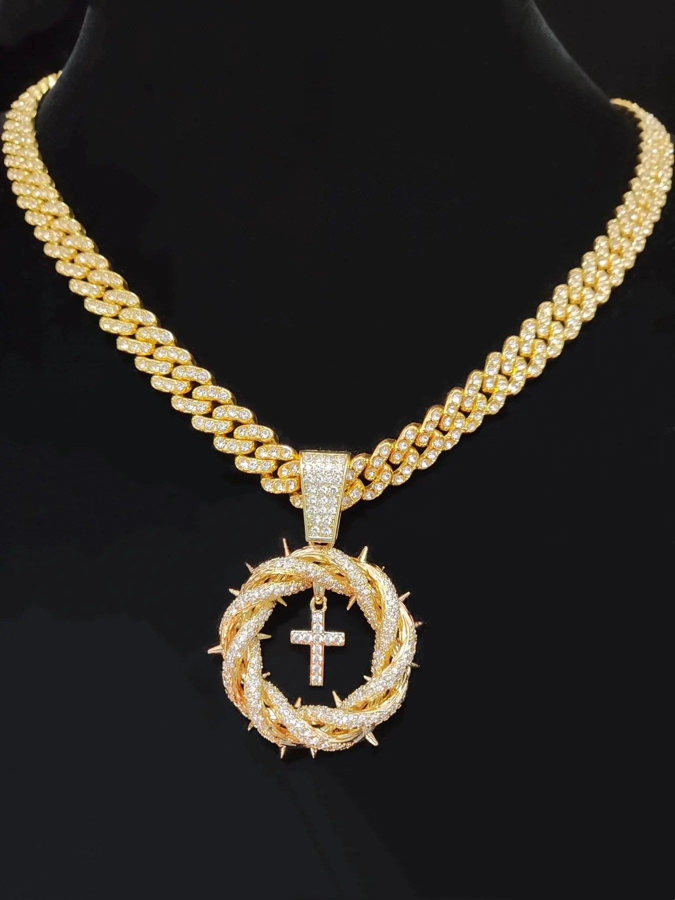 Copper With Artificial Zircon Thorn Crown Cross Pendant Necklace, Full Rhinestone Cuban Chain,Iced Out Bling Bling Hip Hop Men Vintage Fshion Jewelry, Rhinestone Decorated Necklace