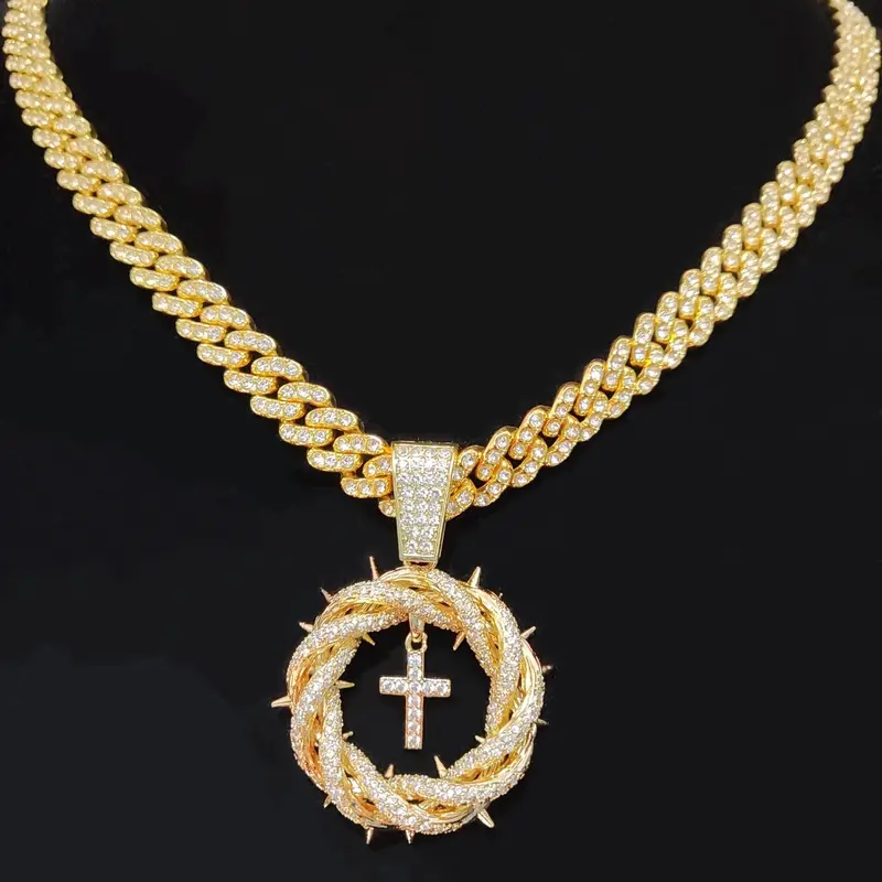 Copper With Artificial Zircon Thorn Crown Cross Pendant Necklace, Full Rhinestone Cuban Chain,Iced Out Bling Bling Hip Hop Men Vintage Fshion Jewelry, Rhinestone Decorated Necklace