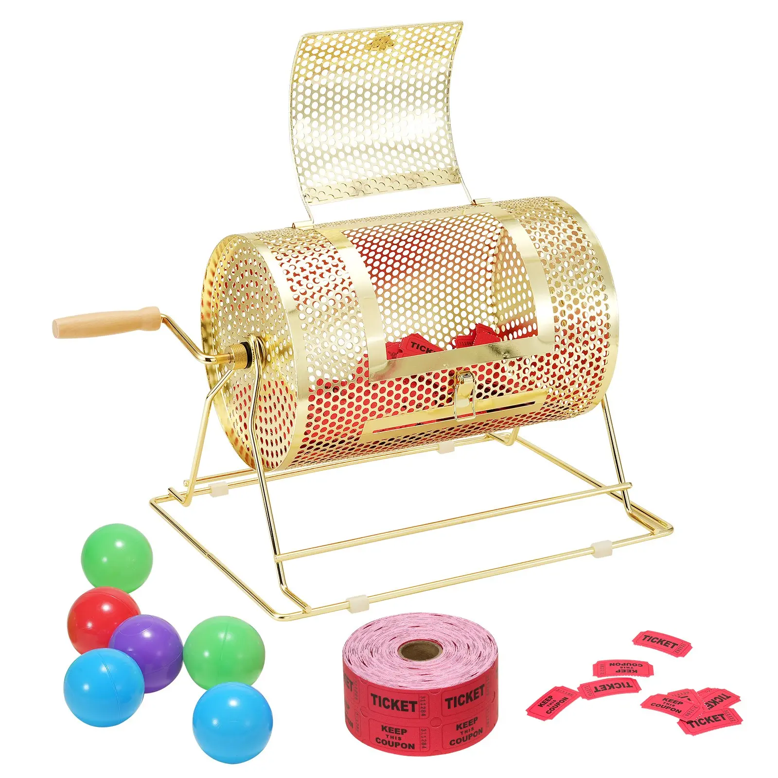 VEVOR Raffle Drum, Holds 2500 Tickets or 100 Ping Pong Balls, Metal Lottery Spinning Drawing with Wooden Turning Handle, 11.6x 7.48 inch Brass Plated Raffle Ticket Spinning Cage, for Bingo Ballot Pa
