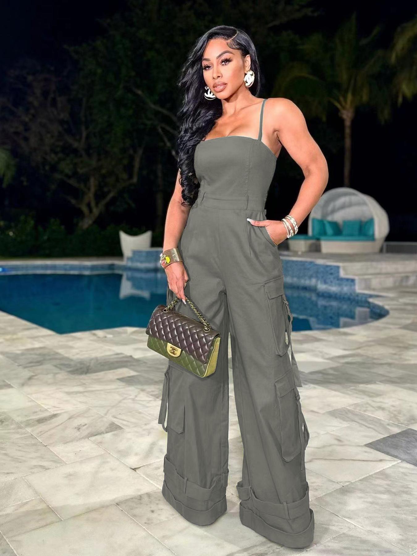 Women's Plain / All Over Print Multi-Pocket Wide Leg Cargo Jumpsuit, Casual Tape Decor Backless Spaghetti Strap Cami Sleeveless Jumpsuit, Ladies Clothes For Streetwear