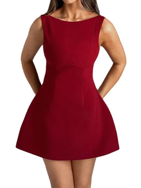 Women's Solid Backless Boat Neck Tank A-line Dress, Street Fashion Casual Sleeveless Short Dress for Daily Outdoor Wear, Ladies Dress for Summer, Teacup Dress Women's Solid Backless Boat Neck Tank A-line Dress, Street Fashion Casual Sleeveless Short Dress for Daily Outdoor Wear, Ladies Dress for Summer, Teacup Dress