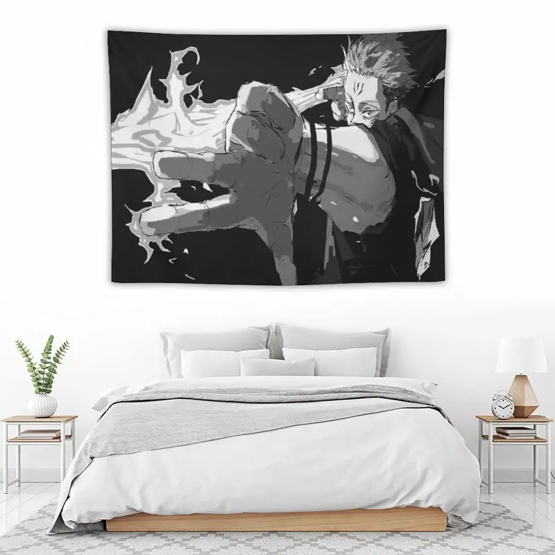 Sukuna Jujutsu Kaisen Wall Tapestry for Adult Fans, Mid-century Modern Black Flash Manga Wall Art, Y2K Y3K Aesthetic Room Decor, 1980s Retro Cinematic Bedroom Flag for Anime Otaku Men Teens Gen Z