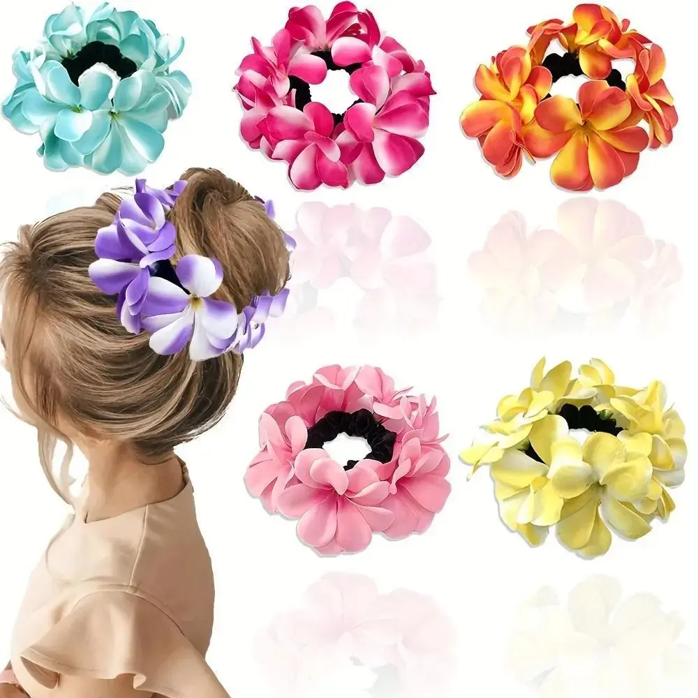 Female 5 Pieces Mixed Colors Hawaiian Plumeria Floral Scrunchies Set - Metal Accent Boho Hair Ties, Assorted Packaged Hairbands & Scrunchies, Beach Vacation Summer Party Hair Accessories, Assorted Colors, Messy Buns, 5Pcs
