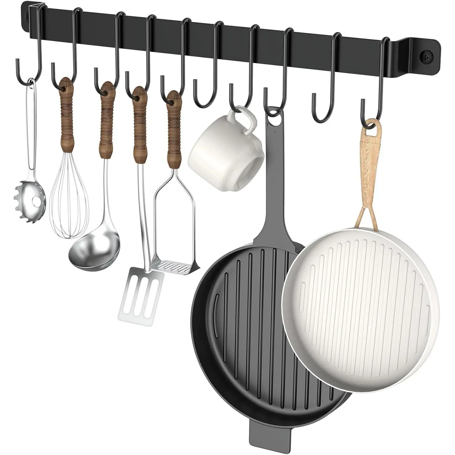 Wrought Iron Kitchen Rail, 17-Inch Wall Mounted Organizer for Kitchen with 10 Hooks, Utensil Holder for Pots, Pans, and Mugs, Black