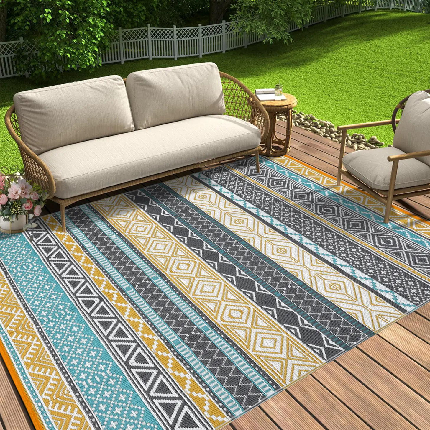 Modern Boho Design Waterproof Reversible Outdoor Patio Rug – Durable Plastic Straw Mat – Portable Area Carpet for Camping, Porch, Deck, RV, Beach, Backyard