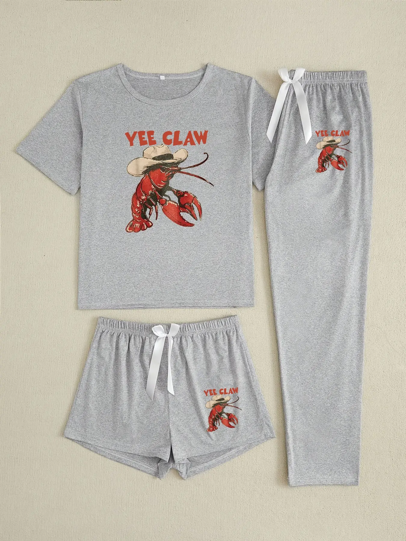 Three-Piece Pajama Set for Women, Cartoon Hat Lobster Print, Loose-Fitting Casual Sleepwear, All Seasons Comfortable Nightwear