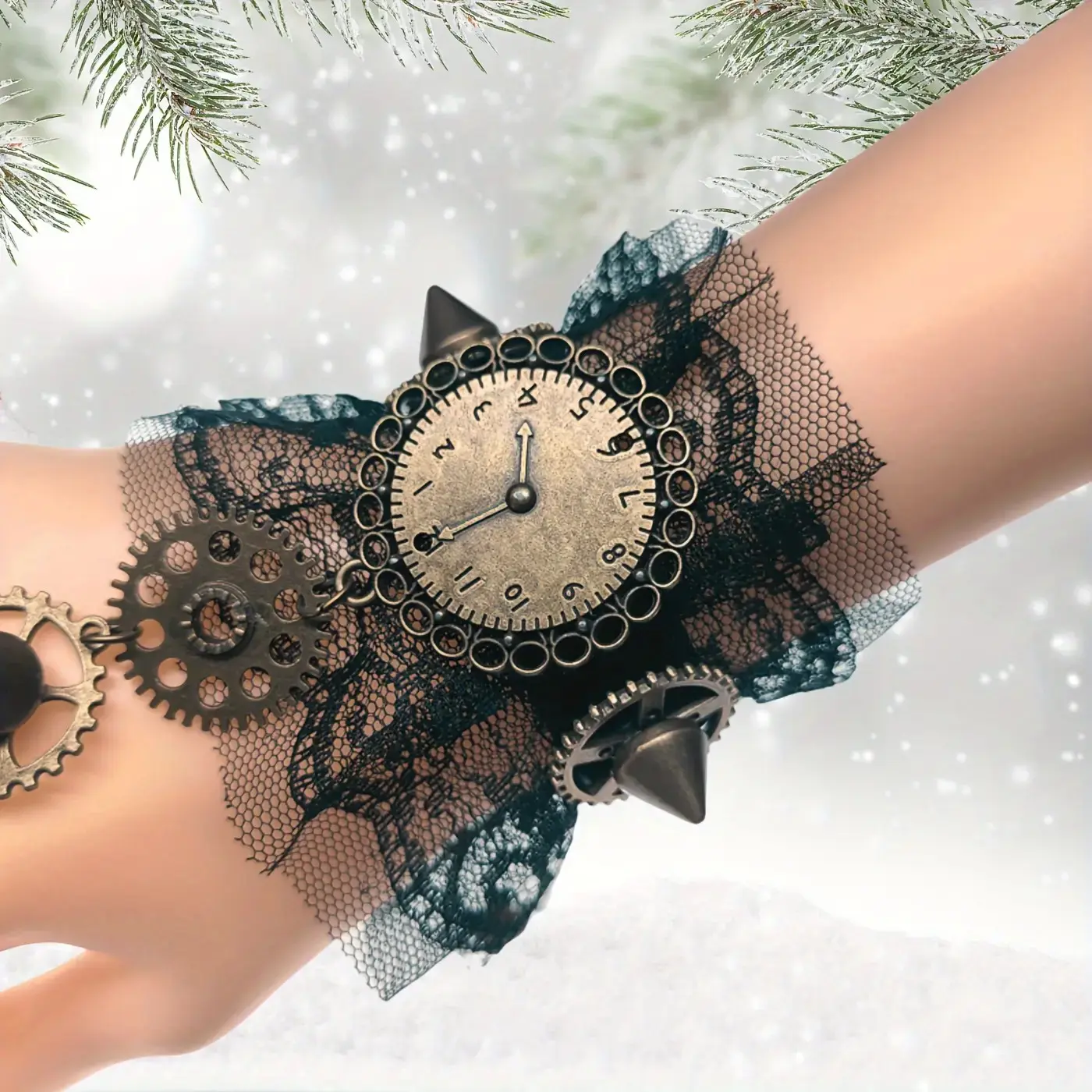 Vintage Style Lace Finger Bracelet with Gear and Clock Accessories - Perfect Choice for Halloween Costume Accessories Lace Gear Clock Bracelet Ring Integrated Chain Halloween Punk Rivet Bracelet