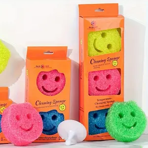 2-Pack Random Funny Emoji Magic Sponge - Color-Coded Scratch-Free Plastic Kitchen Sponge with Soft Brush Texture, Green/Yellow/Pink/Blue, Suitable for Pots, Pans, and Tableware - Gentle on Surfaces, Sensitive Beige Random Colors