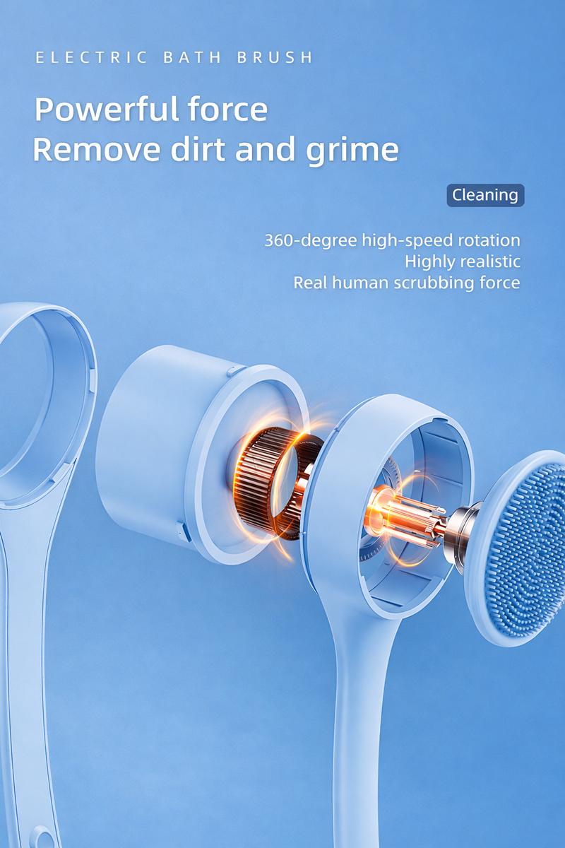 Rechargeable Electric Body Scrubber, Waterproof 360° Rotating Shower Brush with Dual Grip Handles, Full Body Bath Brush with 4 Detachable Heads for Deep Cleansing