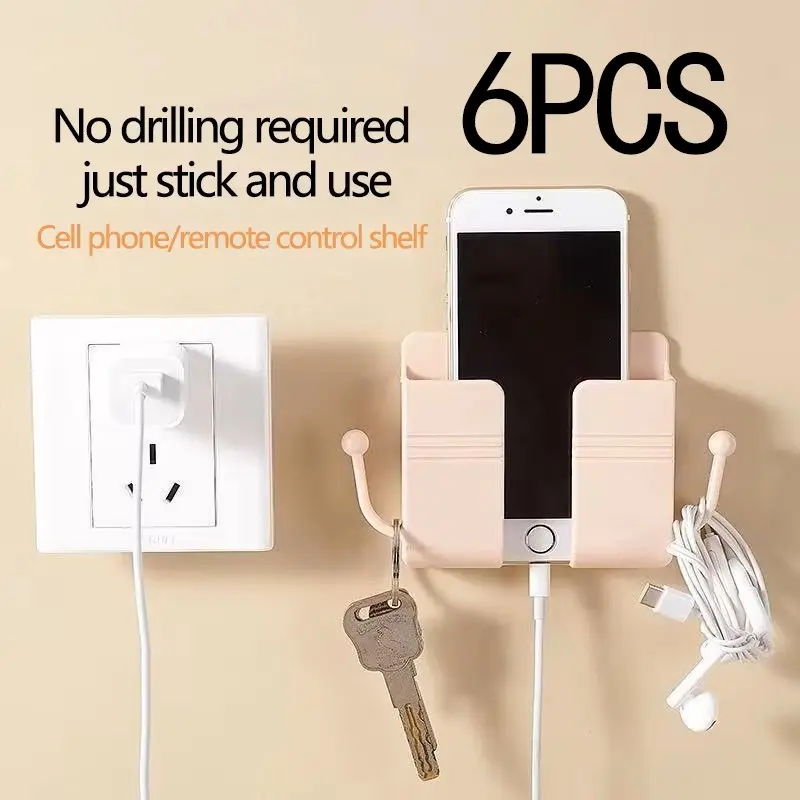6pcs No-Drill Adhesive Phone Holder, Ideal for Bathroom, Kitchen, Living Room, Bedroom, Bedside, Remote and Phone Storage, Adhesive Cellphone Holder