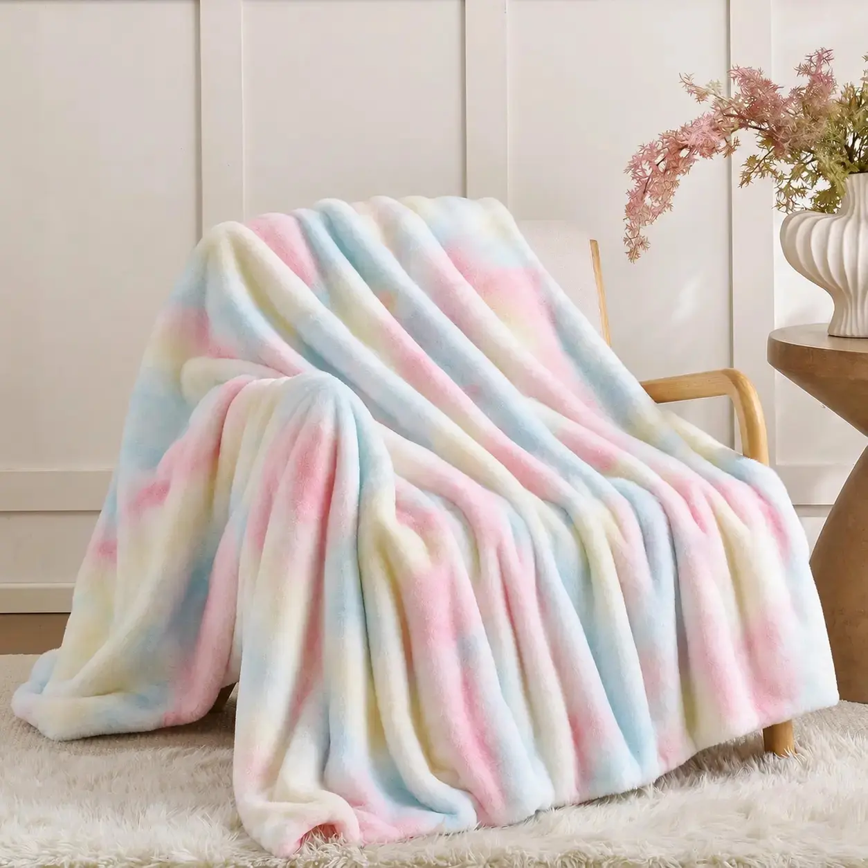 Pastel Rainbow Tie-Dye Flannel Throw Blanket  Super Soft Fluffy Blanket for Couch, Thick Lightweight Warm Comfy Couch Room Decor, Decor for Bedroom Cozy Aesthetic Gift for Women (1-Side Printing)