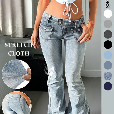 Women's Y2K Streetwear Slim Fit Flare Leg Jeans, Flared Leg Jeans, Low Waist Light Wash Denim with Pockets and Button, Comfortable Daily Wear, Suitable for All Seasons