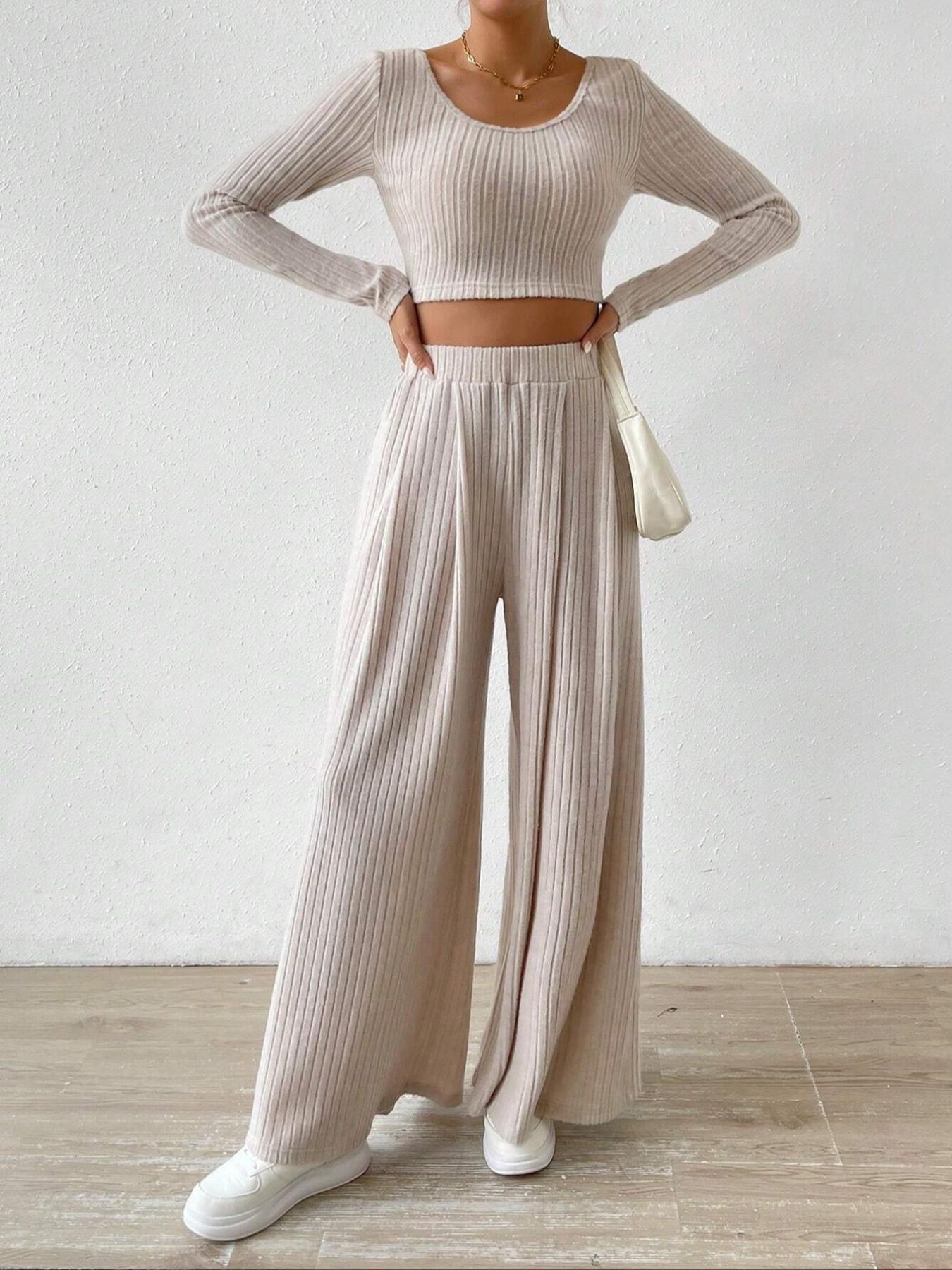 Women's Solid Ribbed Crop Tee & Loose Wide Leg Pants Two-Piece Set, Casual Long Sleeve Scoop Neck Top & High Waist Trousers for Fall & Winter, Women's Clothes for Daily Wear, Womenswear
