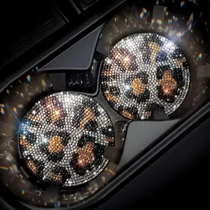 2PCS Leopard Print Rhinestone Coasters – 2.75in Bling Drink Coasters, Stylish Water Coasters for Women