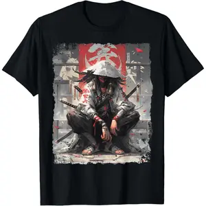 Japanese Wandering Ronin Samurai Squat Full Body Pose Conical Straw Hat Black Face Mask Dual Katana Swords Red Ink Brush Kanji Banner Background Falling Red Petals Vintage Torn Grunge Border Watercolor Oil Painting Oriental Warrior Graphic T-Shirt Unisex