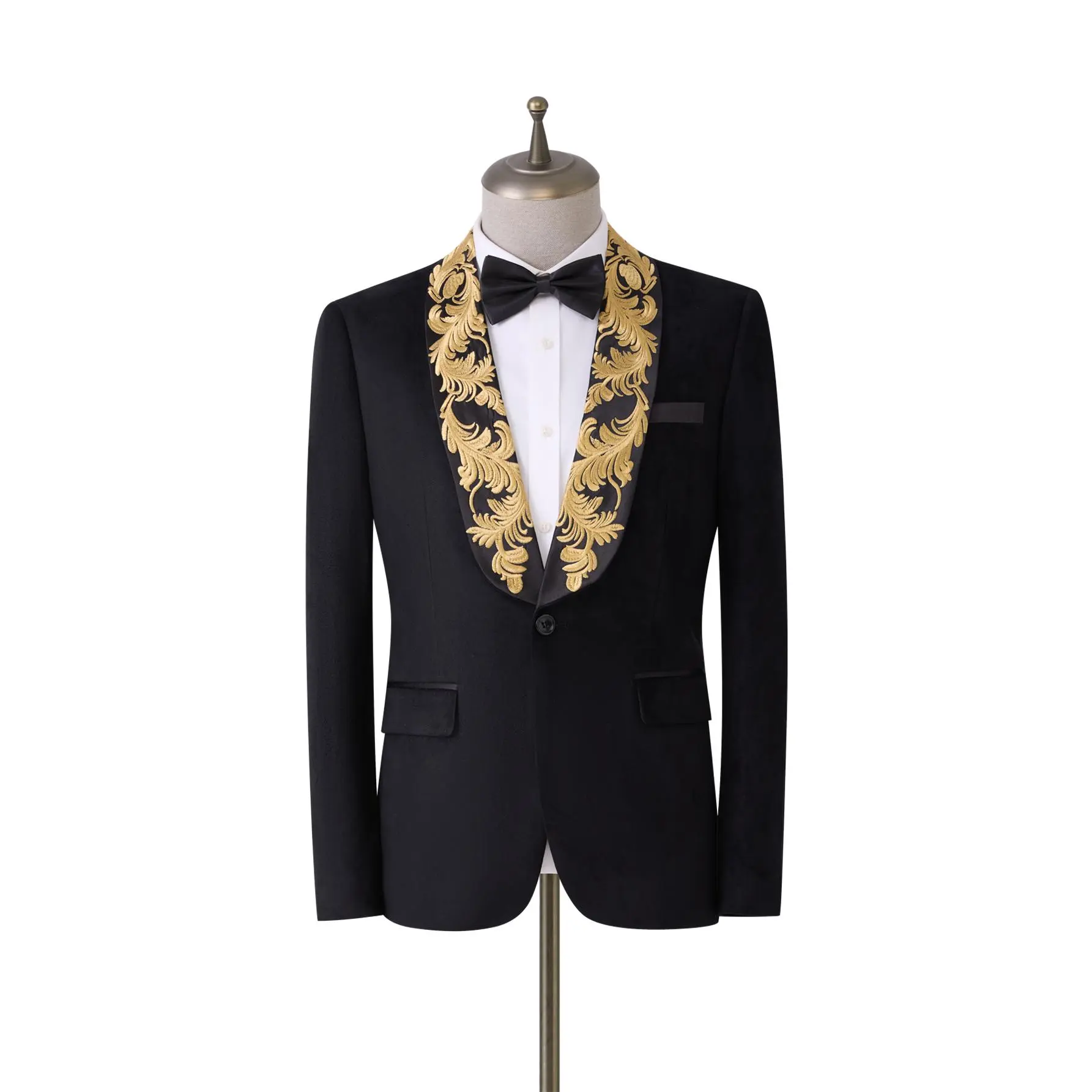 Men’s Gold Embroidered Tuxedo Blazer, Shawl Lapel One Button Formal Suit Jacket for Wedding, Prom, Party, Dinner