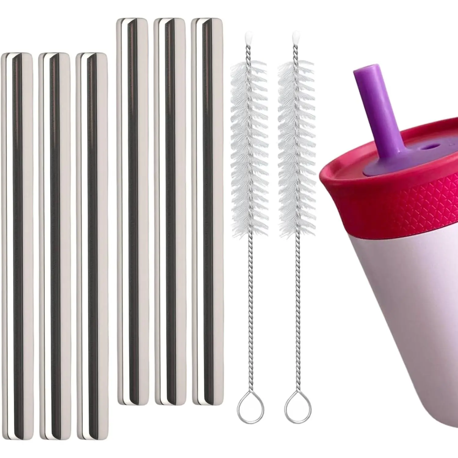 8 count Stainless Steel Straw  for   12oz 15oz Tumbler Straws with 2 count Cleaner Compatible with  Water Bottle Metal